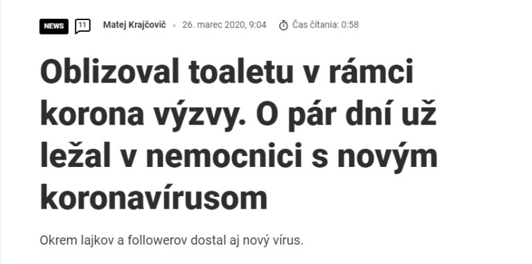 zdroj: https://refresher.sk/82540-Oblizoval-toaletu-v-ramci-korona-vyzvy-O-par-dni-uz-lezal-v-nemocnici-s-novym-koronavirusom