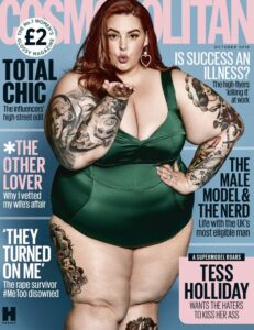 Obr. 5: Tess Holiday na titulke Cosmopolitan UK. Zdroj: https://www.cosmopolitan.com/uk/entertainment/a23004671/tess-holliday-response-criticism-cosmopolitan-cover/